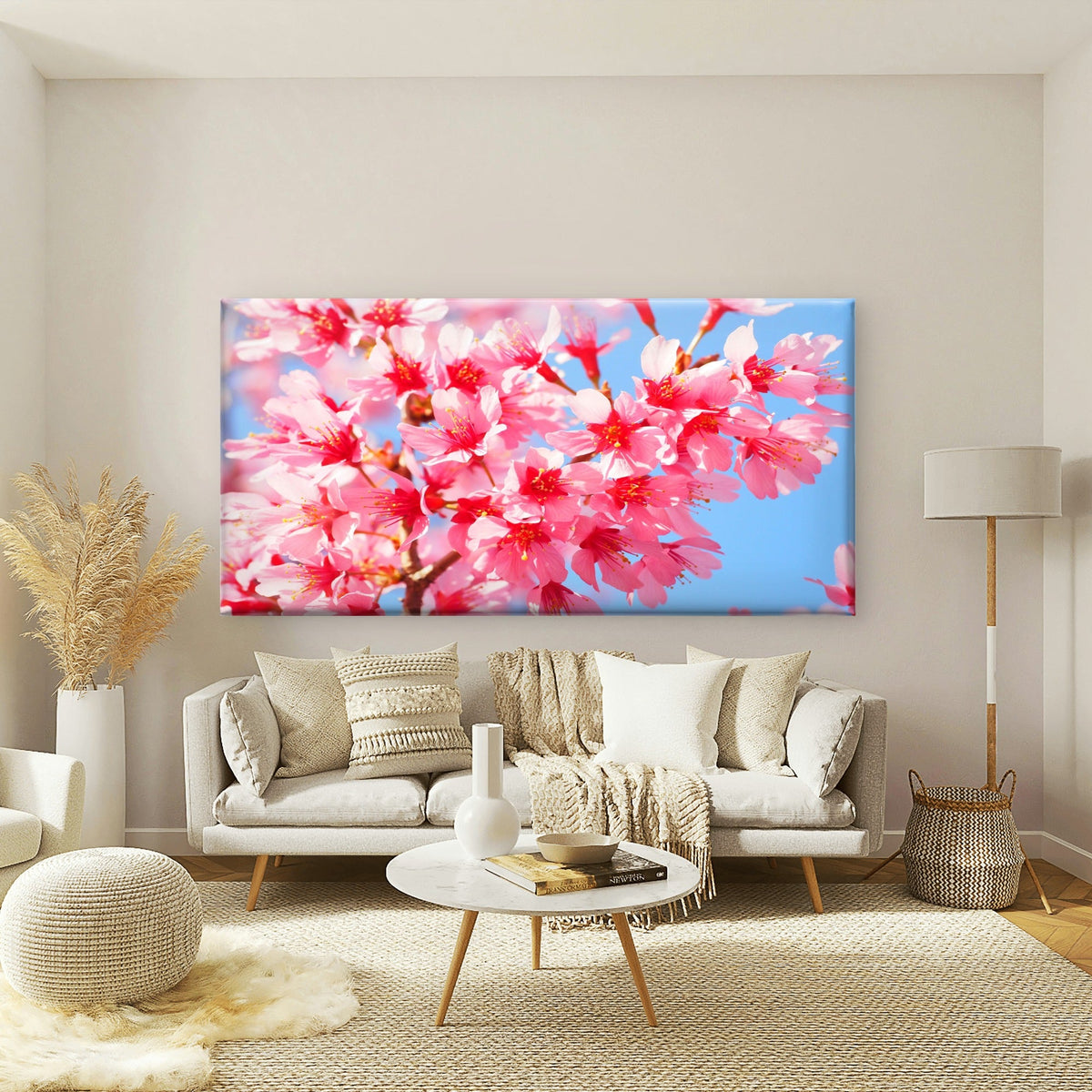 Pink Cherry Blossoms & Sky Wall Art Canvas Office Home Room Framed 80x45cm
