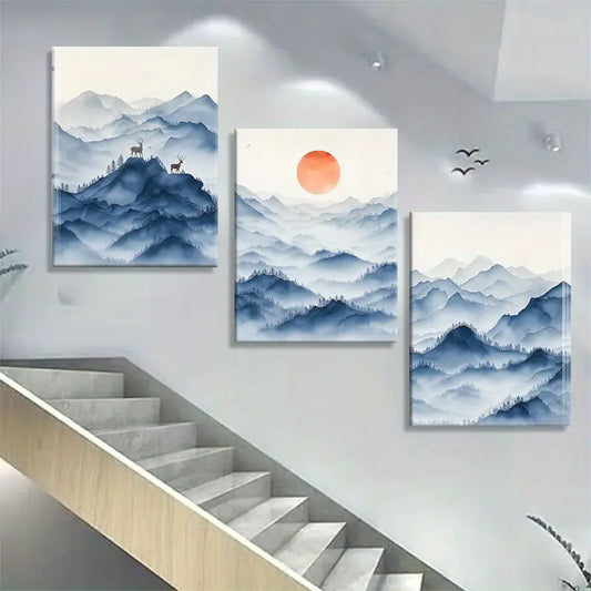 3pcs Blue Mountain Scene with Deer and Sunset Metal Print Ready to Hang Art