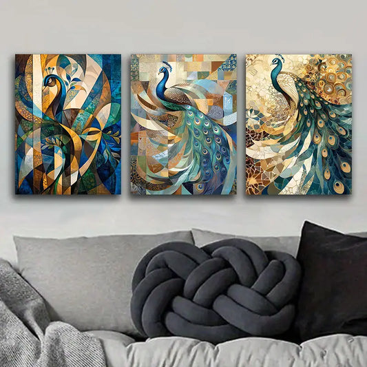 3pcs Featuring a Peacock Displaying Its Feathers Metal Print Ready to Hang Art