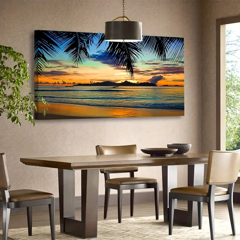 Tropical Beach Sunset Vibrant Ocean Palm Trees & Sandy Shoreline Wall Art canvas office home room framed 80x45cm