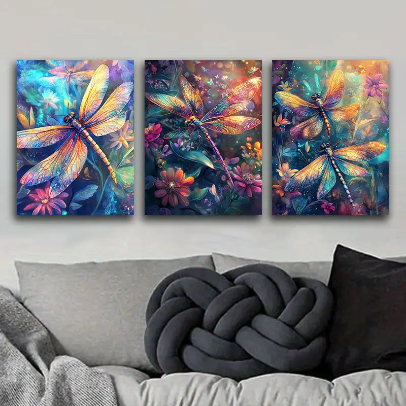 3pcs Colorful dragonfly with large wings Metal Print Ready to Hang Art