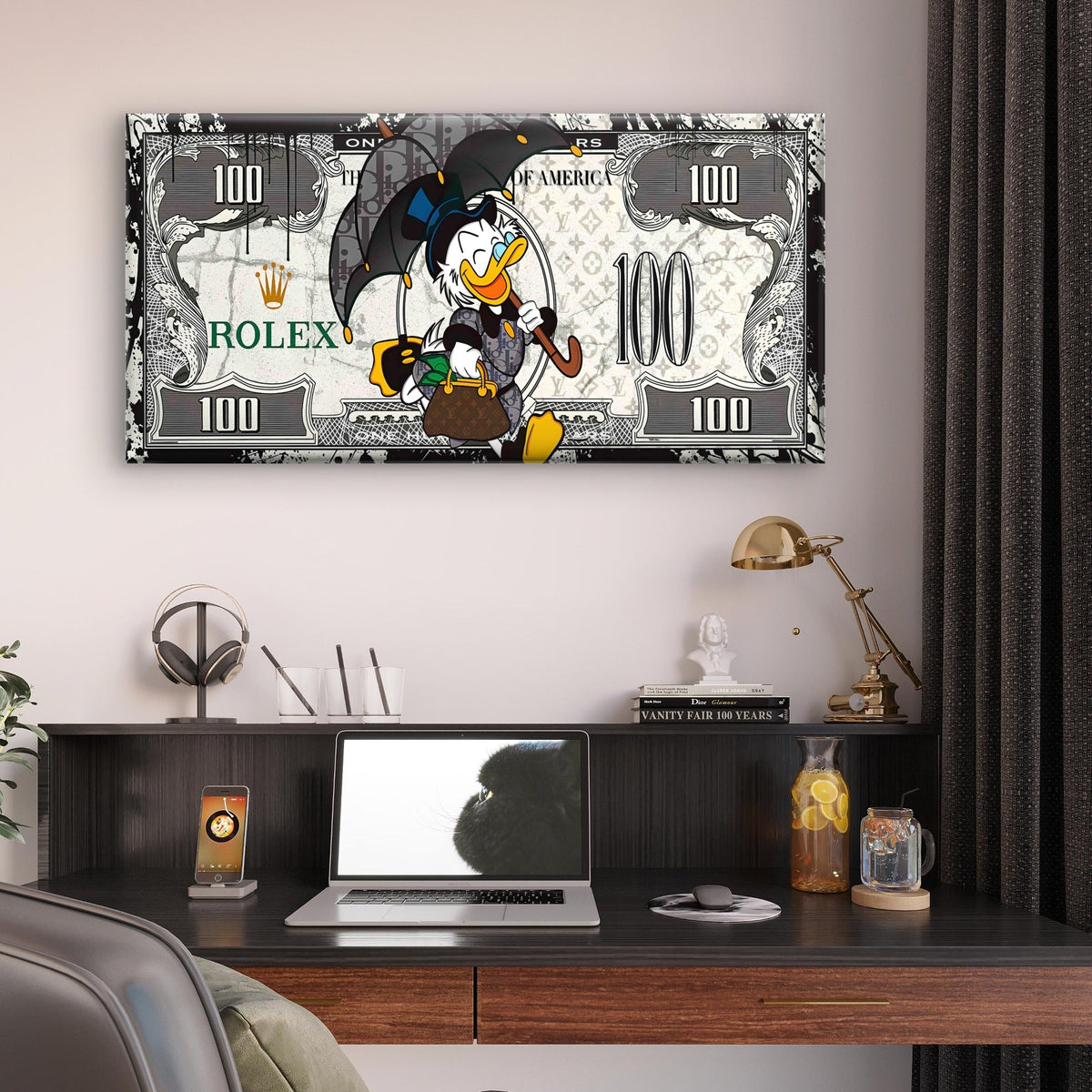 Rich Duck Dollar Bill Money Print Wall Art Canvas Office Home Framed 80x45cm
