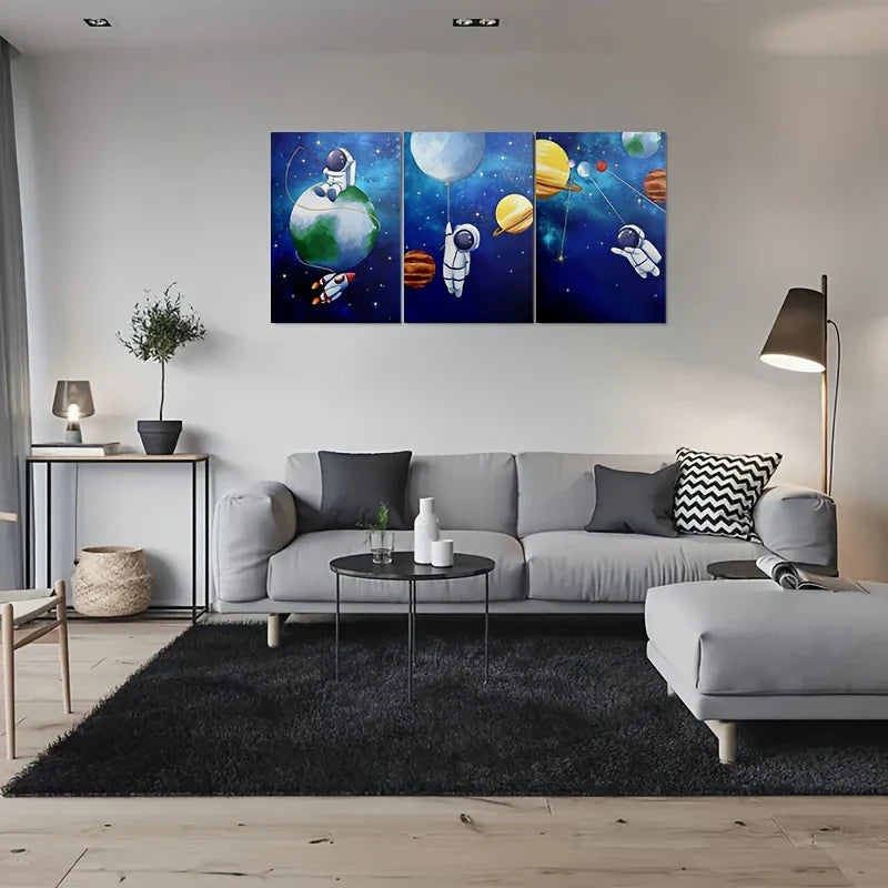 3pcs Space Adventure Astronaut & Planets Painting Metal Print Ready to Hang Art