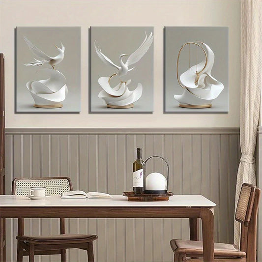 3pcs Stylish White Crane Opulent Abstract Bird Metal Print Ready to Hang Art