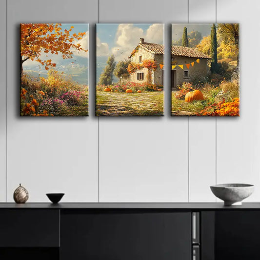 3pcs Autumn Scenery with Colorful Foliage & Pumpkins Metal Print Ready to Hang Art