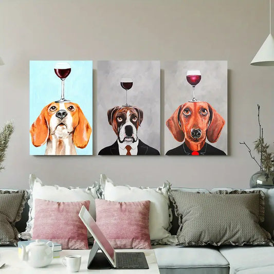 3pcs Featuring Dogs in Suits with Wine Glasses on Their Heads Metal Print Ready to Hang Art