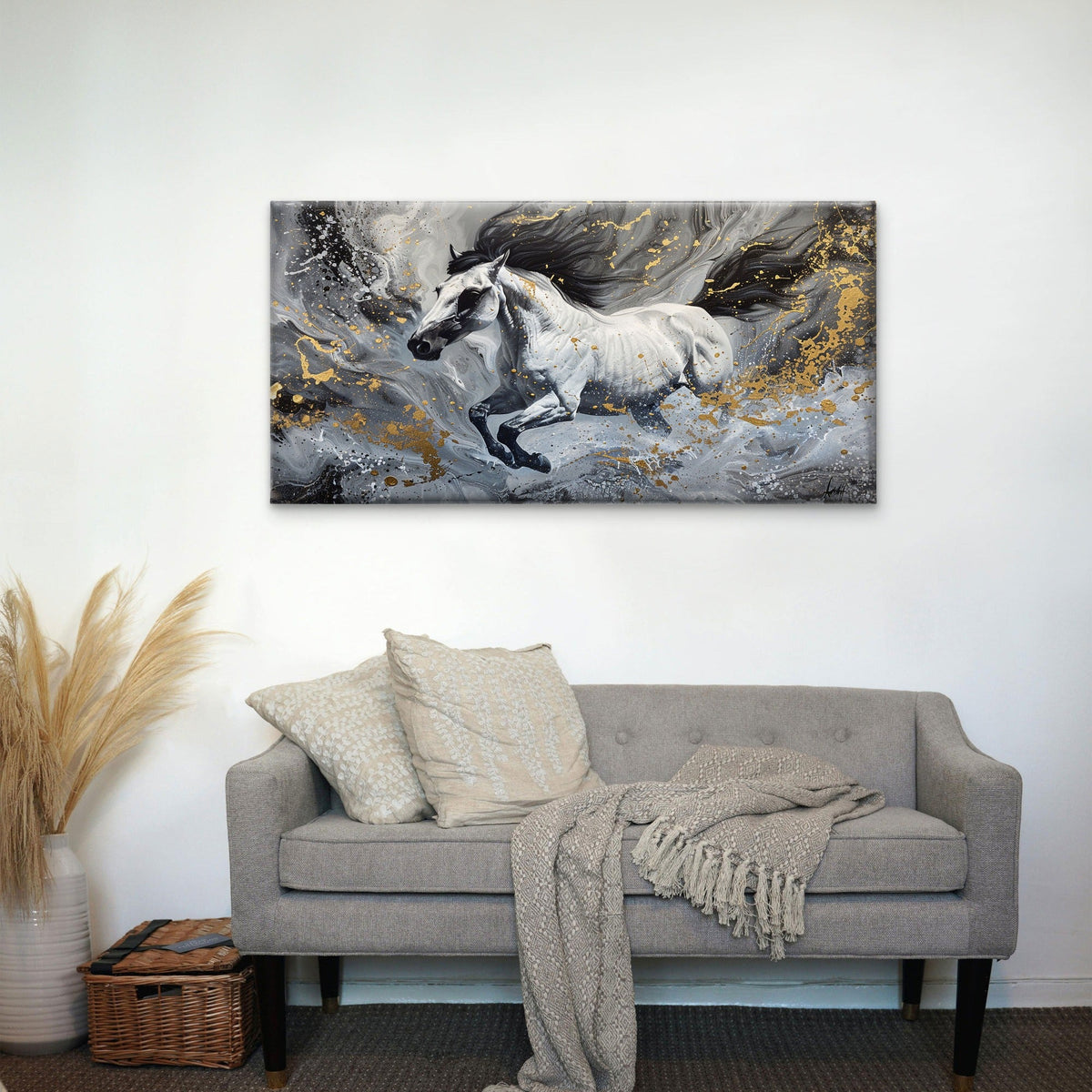 Abstract Running White Horse Wall Art Canvas Office Home Room Framed 120x60cm