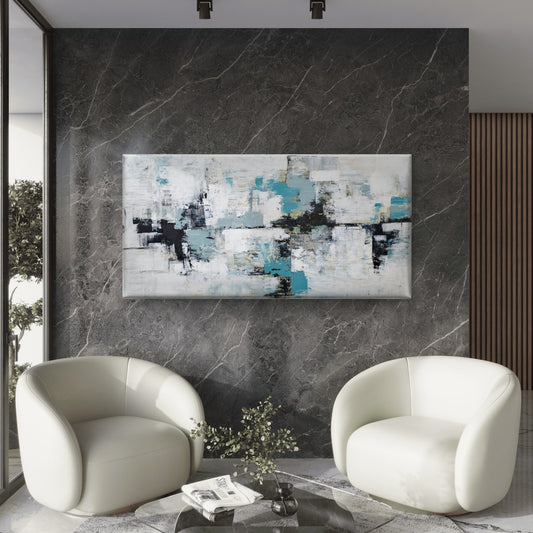 Teal Grey Block Abstract Wall Art Canvas Office Home Room Framed 80x45cm