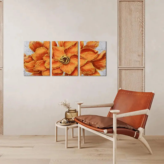 3pcs Orange and Golden Floral Giclee Wall Art Set Canvas Framed 40x60cm - High Quality Print 100% Australian Made Wall Canvas Ready to Hang