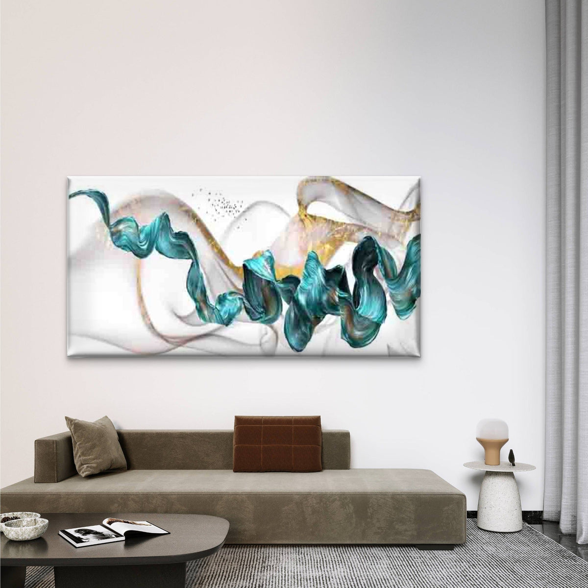 Fluid Shapes in Teal And Golden Wall Art Canvas Office Home Room Framed 120x60cm