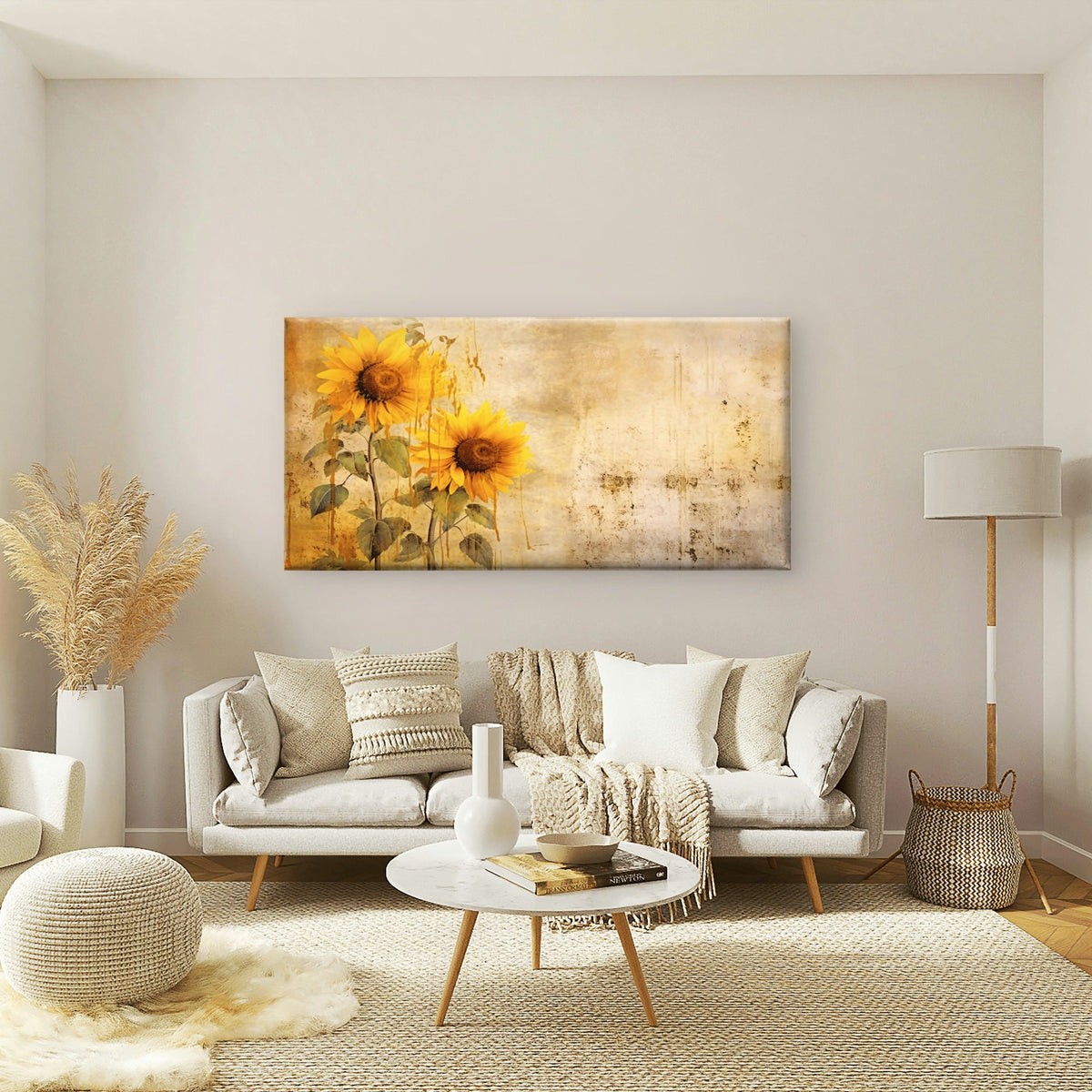 Vintage Sunflower Textured Paint Wall Art Canvas Office Home Framed 80x45cm