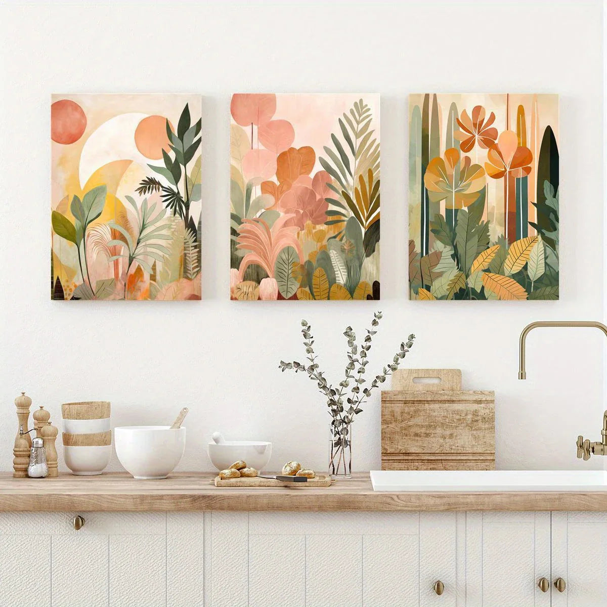 3pcs Tropical Jungle Earth Tones - Botanical Abstract Boho Metal Print Ready to Hang Art