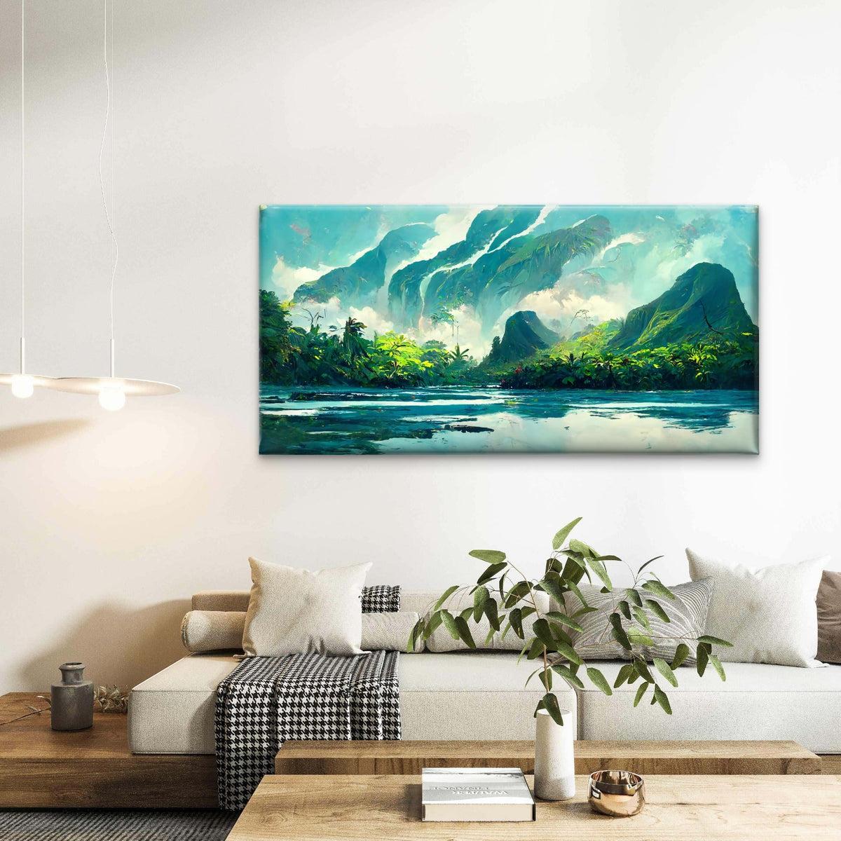 Tropical Teal Mountain Island Wall Art Canvas Office Home Room Framed 80x45cm