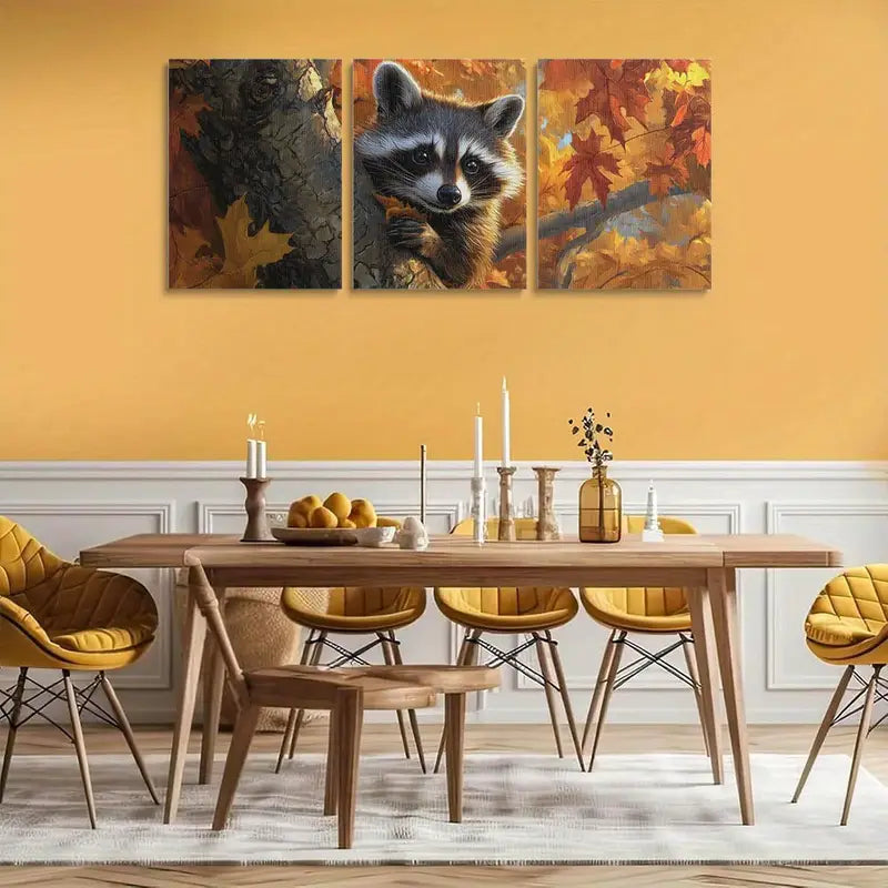 3pcs Cute Raccoon Peeking Behind Autumn Tree Metal Print Ready to Hang Art