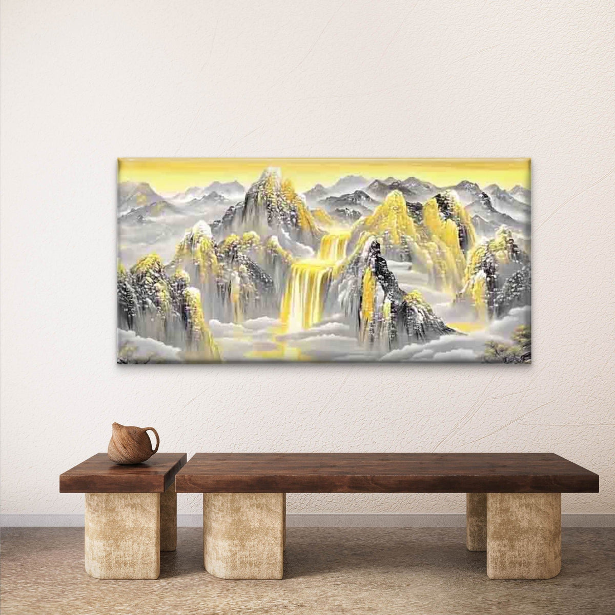 Golden Mountain Scene Wall Art Canvas Office Home Room Framed 120x60cm