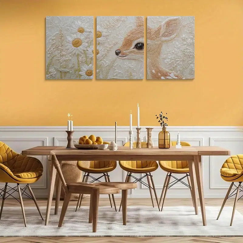 3pcs Deer & Daisy Spring Fawn Nature-Inspired Metal Print Ready to Hang Art