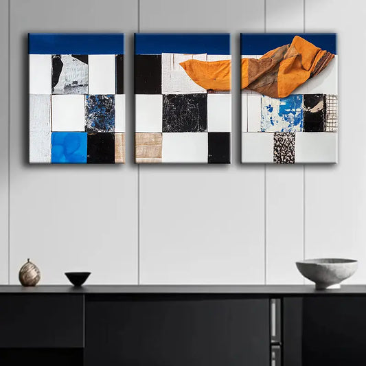 3pcs Blue and white in the grid Metal Print Ready to Hang Art