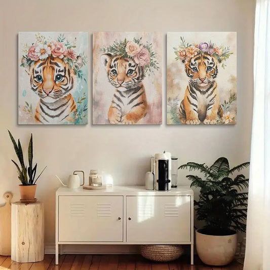 3pcs Watercolor Lion & Tiger Cubs in Floral Wreaths Metal Print Ready to Hang Art