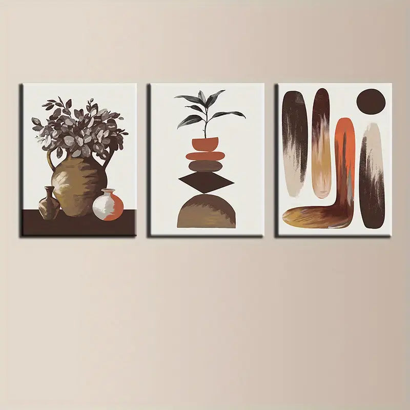 3pcs Nature & Geometry Oil Painting Brown Pot Metal Print Ready to Hang Art