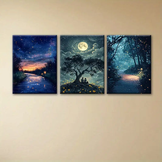 3pcs Watercolor Forest At Night Moon Trees Path Metal Print Ready to Hang Art