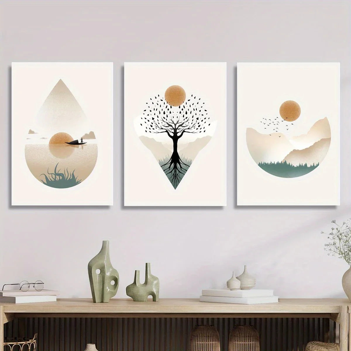 3pcs Sunset, Tree of Life, and Lake Scene with Boat Metal Print Ready to Hang Art