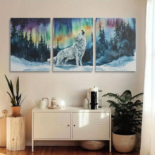 3pcs White Wolf Howling in Snow with Northern Lights Metal Print Ready to Hang Art