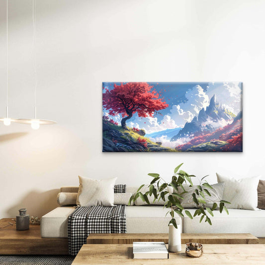 Mountain Landscape With Red Tre Wall Art Canvas Office Home Room Framed 80x45cm