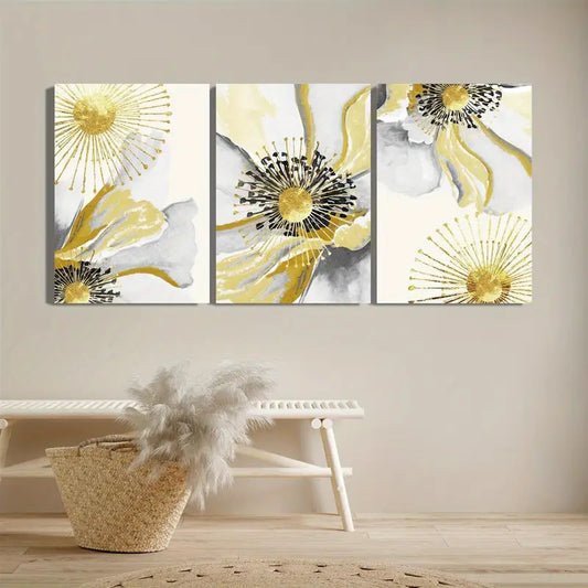 3pcs Abstract Floral Golden Foil Printing, Modern Light Metal Print Ready to Hang Art