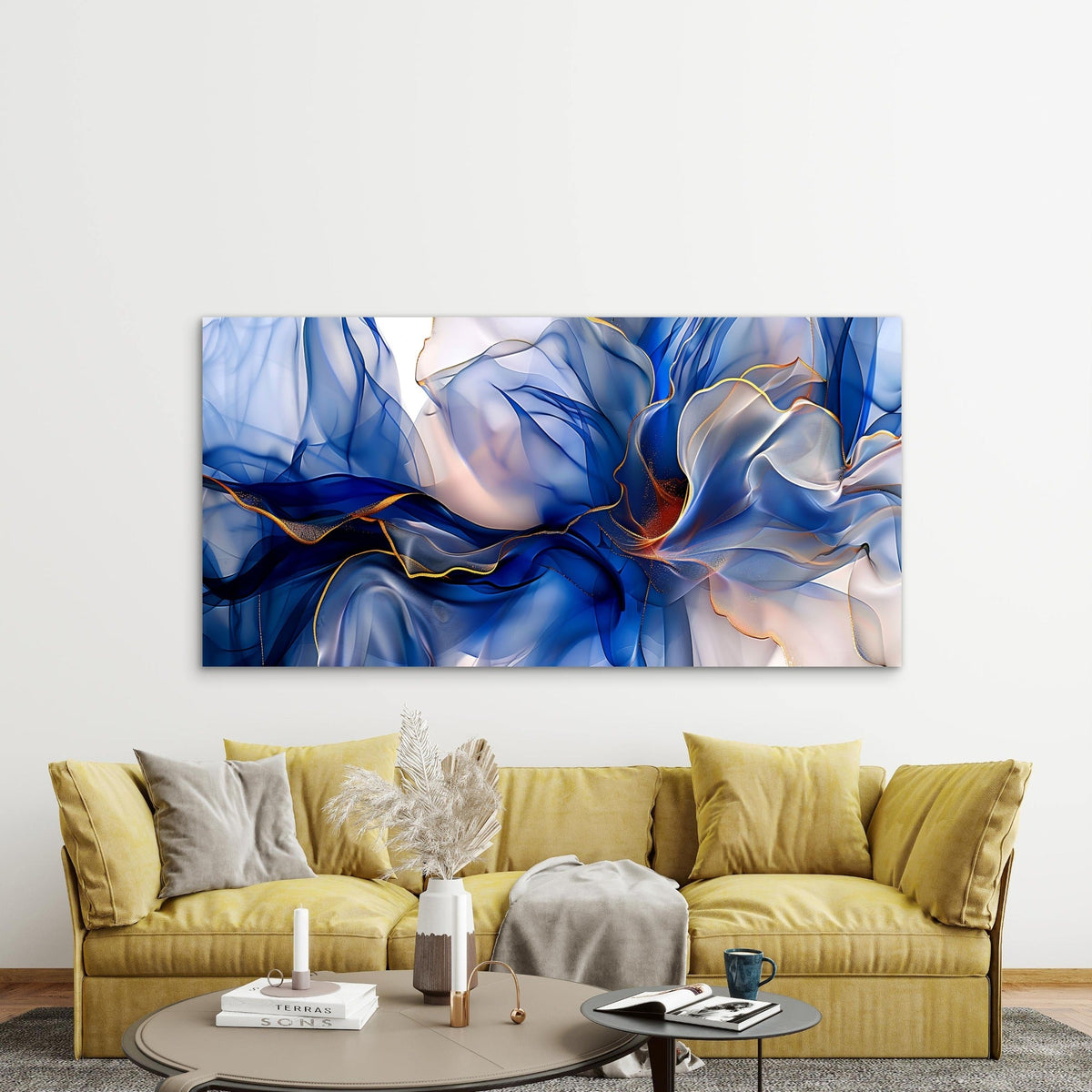 Abstract Blue Gold Swirls Wall Art Canvas Office Home Room Framed 80x45cm
