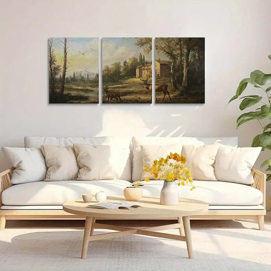 3pcs Deer Vintage Oil Painting Unique Nature Scene Metal Print Ready to Hang Art