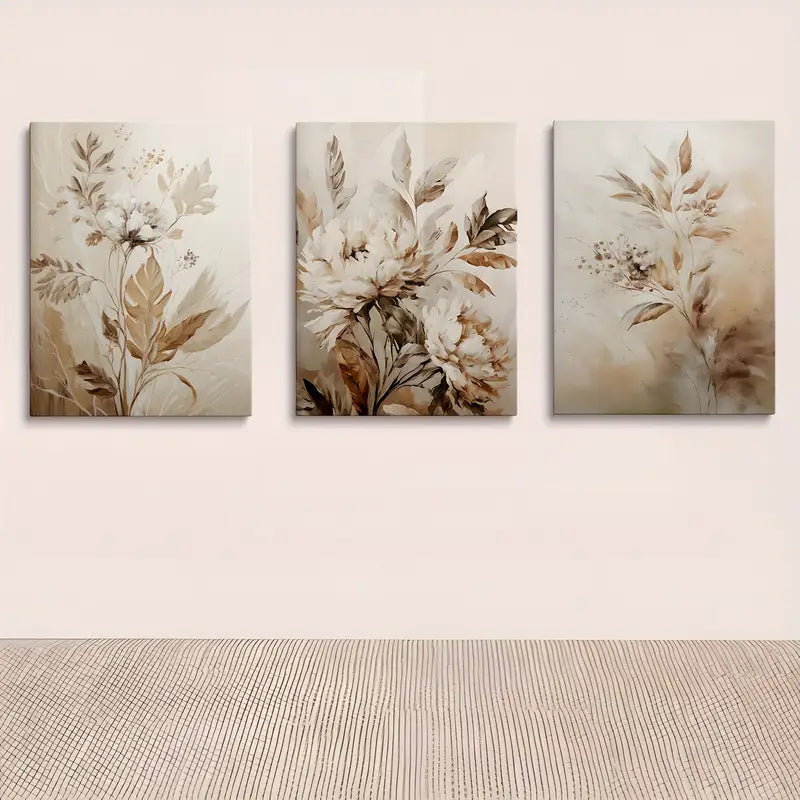 3pcs Bohemian Neutral Plant Beige Abstract Floral Metal Print Ready to Hang Art