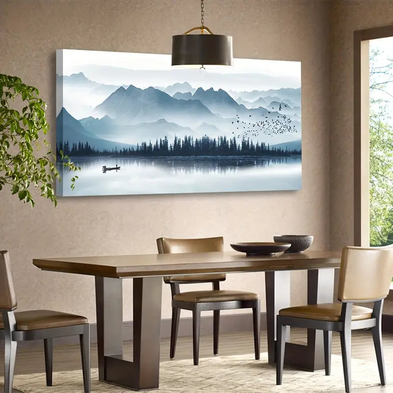 Misty Mountain Foggy Lake Forest Birds Wall Art canvas office home room framed 120x60cm