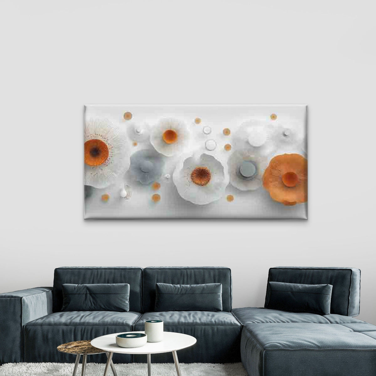 Abstract Floral Orange & White Wall Art Canvas Office Home Room Framed 120x60cm