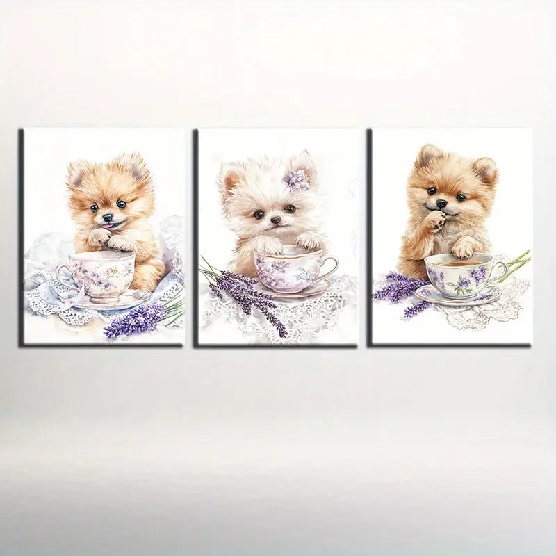 3pcs Charming Pomeranian Puppy in Teacup Metal Print Ready to Hang Art