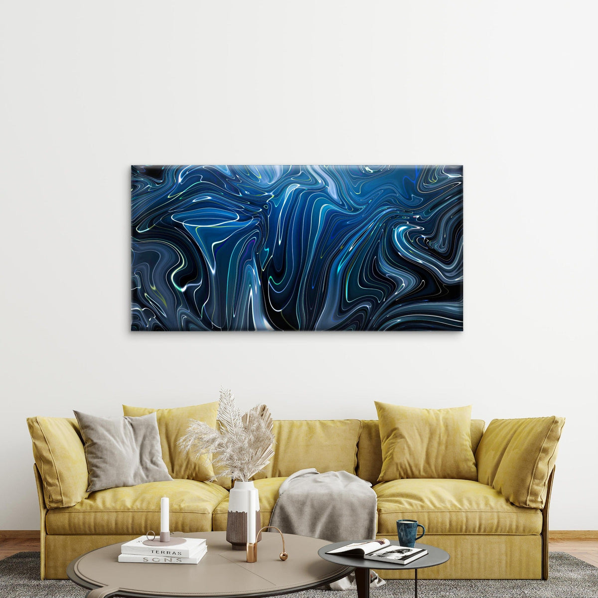 Blue Abstract Liquid Marble Wall Art Canvas Office Home Room Framed 120x60cm