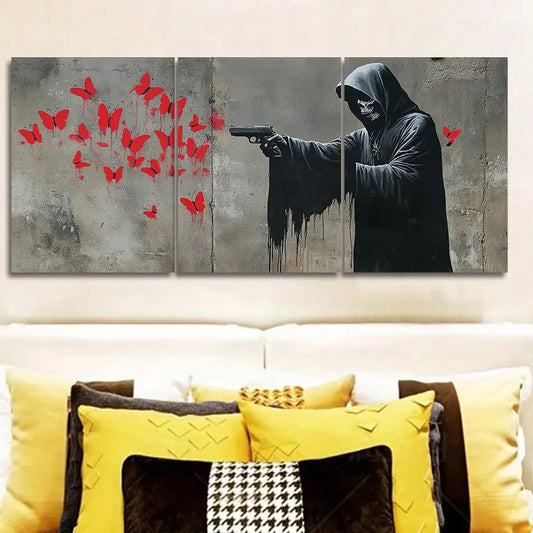 3pcs Death Shooting Red Butterflies Metal Print Ready to Hang Art
