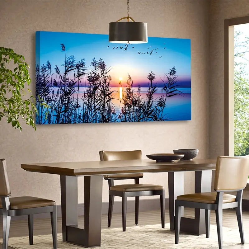 Sunset Lake Flying Birds Grasses Wall Art canvas office home room framed 120x60cm