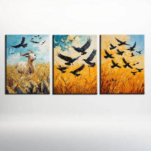 3pcs Contemporary Wheat & Animal Design Golden Metal Print Ready to Hang Art