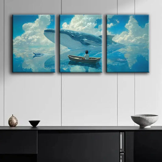 3pcs Whale and Boy Metal Print Ready to Hang Art