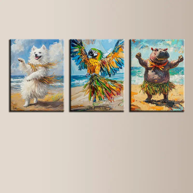 3pcs Impressionistic Dancing Seaside Animals Painting Metal Print Ready to Hang Art