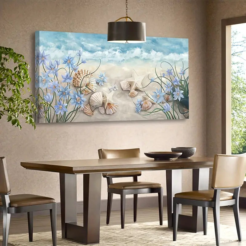 Starfish Shells Seaside Blue White Flowers Wall Art canvas office home room framed 120x60cm