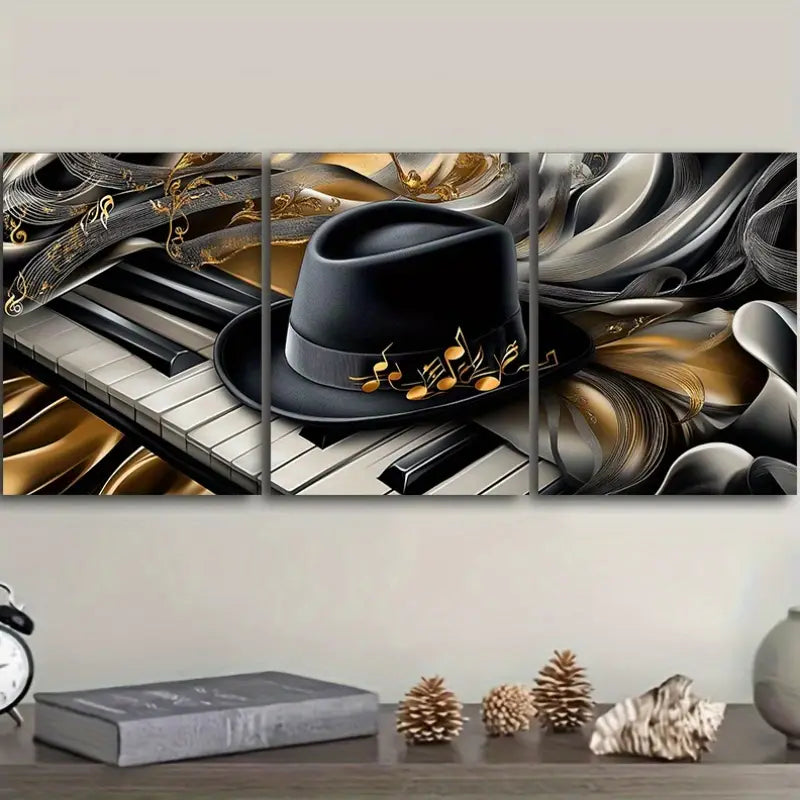 3pcs Piano and Hat Design Metal Print Ready to Hang Art
