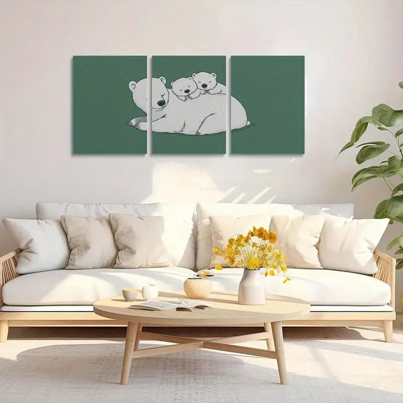 3pcs Cute Bear & Youngsters Bear Green, White & Gray Metal Print Ready to Hang Art