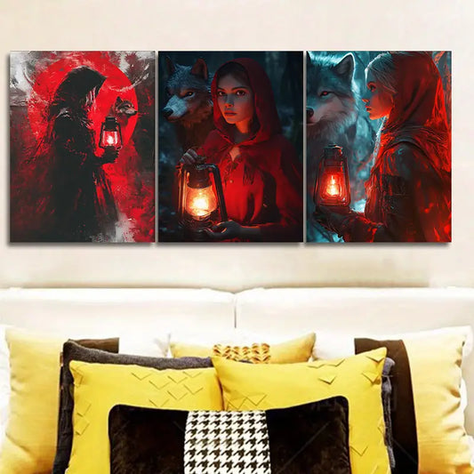 3pcs The Red Girl and the Wolf Metal Print Ready to Hang Art