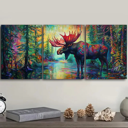 3pcs Vibrant Moose in the Forest Metal Print Ready to Hang Art