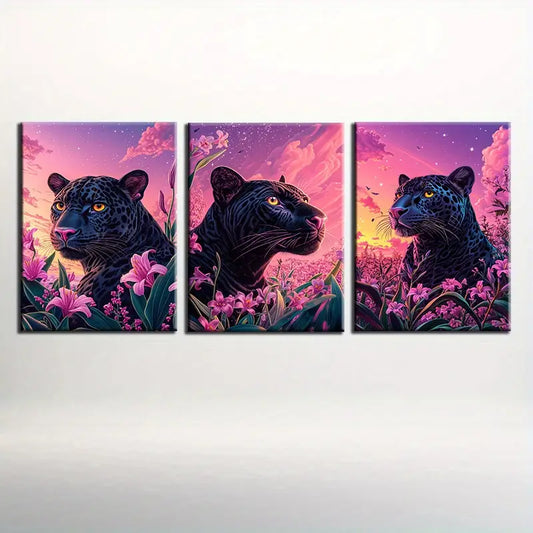 3pcs Watercolor JAGUAR In Lily Of The Valley Pink Metal Print Ready to Hang Art