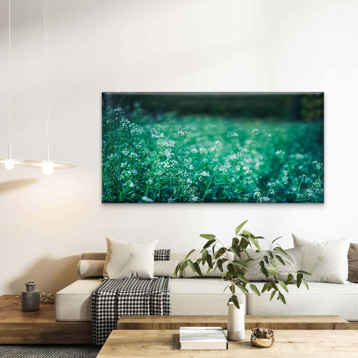 White Flowers In A Green Field Wall Art Canvas Office Home Room Framed 120x60cm