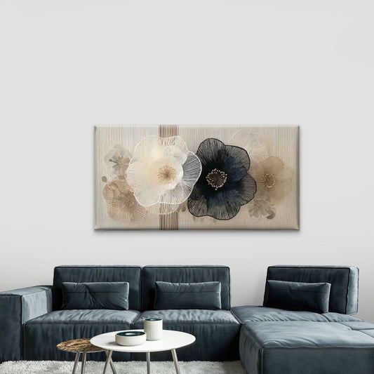 Black & White Floral Designs Wall Art Canvas Office Home Room Framed 80x45cm