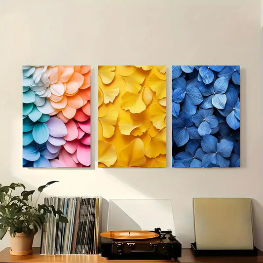 3pcs Beautiful Hydrangea and Petal Design Metal Print Ready to Hang Art