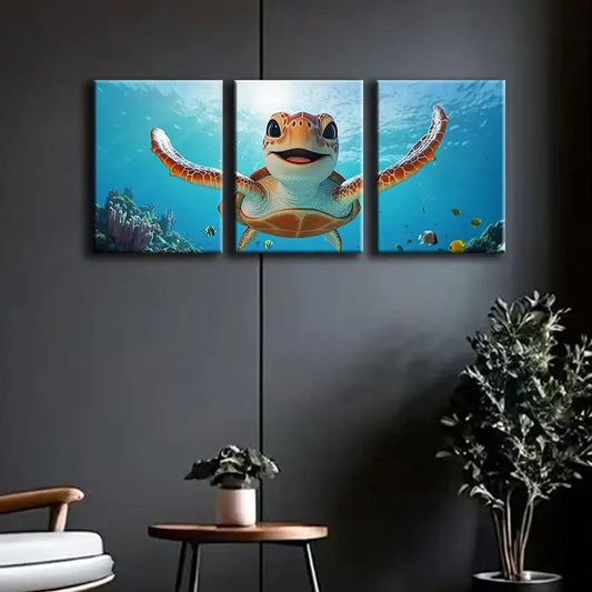 3pcs Happy Sea Turtle Triptych Metal Print Ready to Hang Art